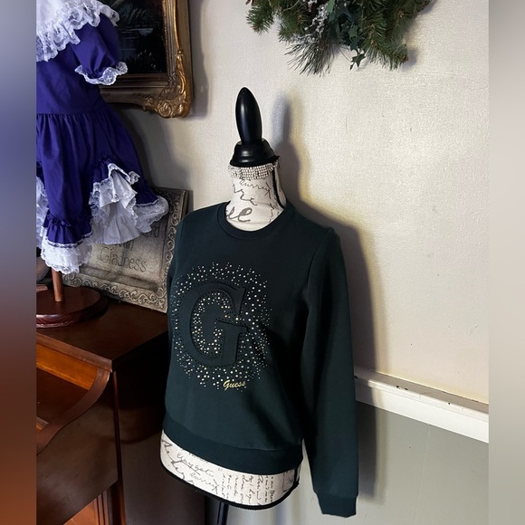 💚 Guess Dark Jade Bling Gold Pullover Fleece Crew Sweatshirt Size S NWT - Picture 5 of 5